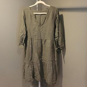 Francesca Bettini Linen 3/4 Sleeve Dress, Size L, Khaki Green